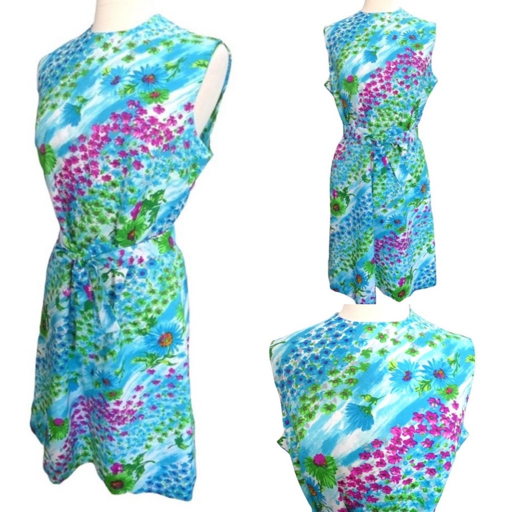 Original Vintage 1960s Floral Sheath Day Dress Sleeveless M / L Mod Easter Retro